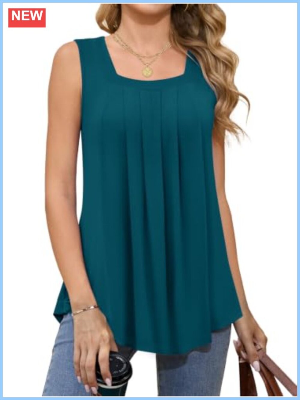 Women's Square Neck Sleeveless Tank Top Pleated Curved Hem Casual Loose
